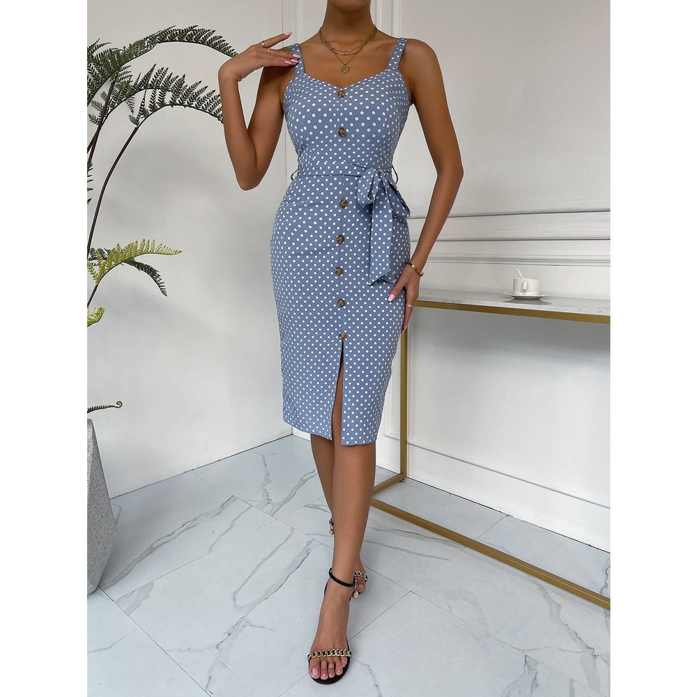 Polka Dot faux Button down Split Hem Belted Cami Bodycon Dress blue